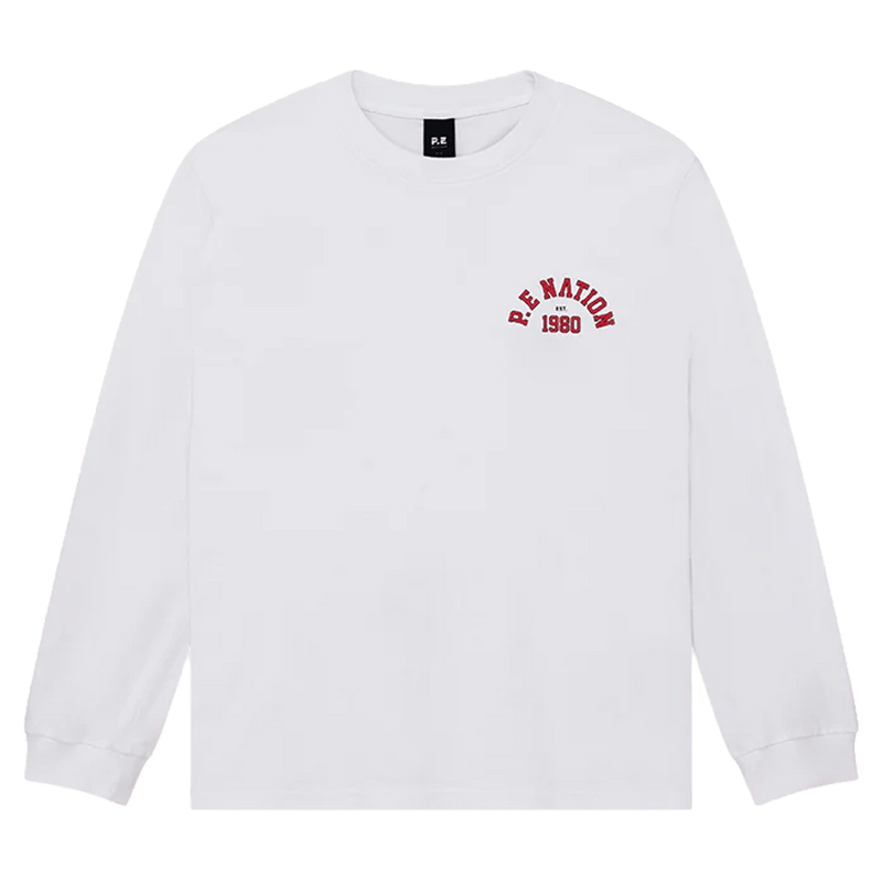 Main view of the P.E Nation Established Long Sleeve Tee in Optic White colourway, women model
