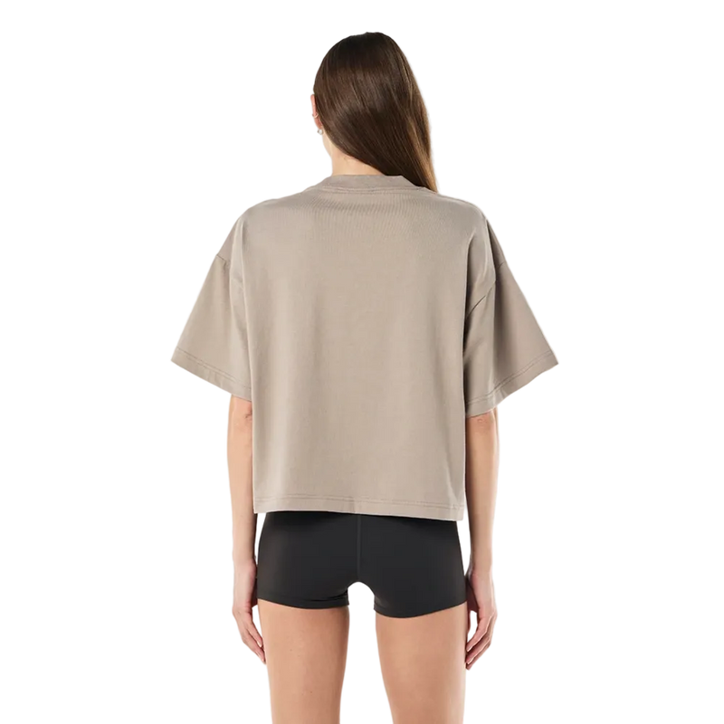 Back view of the P.E Nation Area Tee in Oatmeal colourway, women's model
