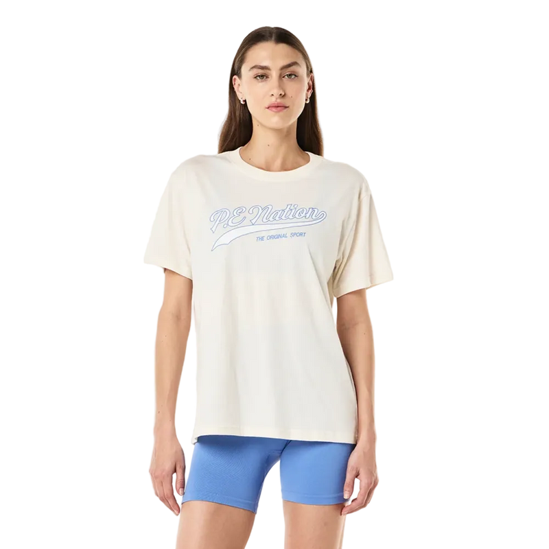 Front view of the P.E Nation Formation Tee in Whisper White colourway, women's model