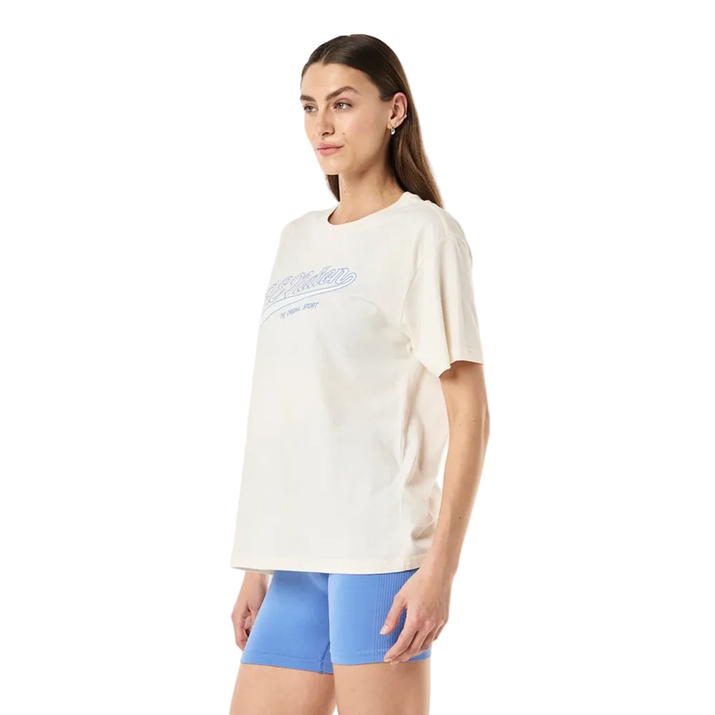 Side view of the P.E Nation Formation Tee in Whisper White colourway, women's model