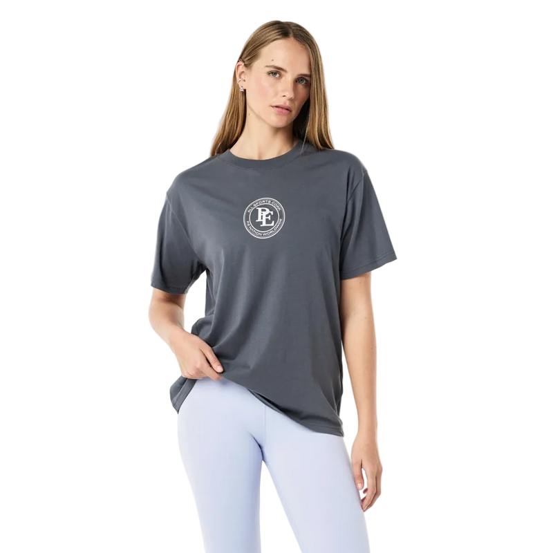 Front view of the P.E Nation Pulse Tee in Thunder colourway, women's model
