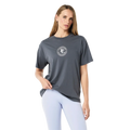 Front view of the P.E Nation Pulse Tee in Thunder colourway, women's model