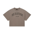 Main  view of the P.E Nation Area Tee in Oatmeal colourway, women's model