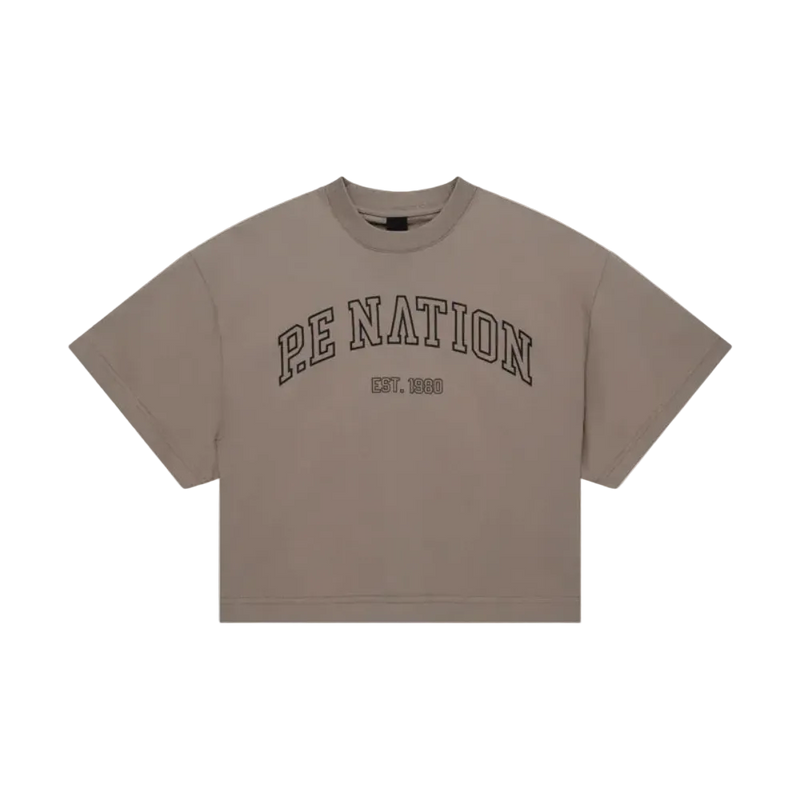 Main  view of the P.E Nation Area Tee in Oatmeal colourway, women's model