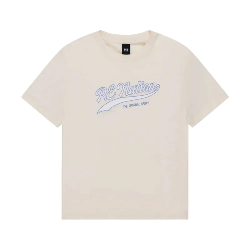 Main view of the P.E Nation Formation Tee in Whisper White colourway, women's model
