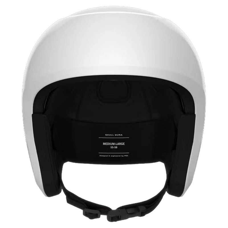 White Poc Skull Dura Jr kids ski helmet front view showing black interior padding and chin strap.