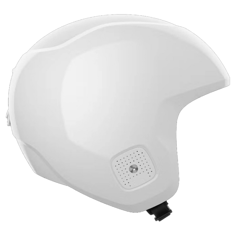 Side profile of a white POC Skull Dura Jr kids' ski helmet with a smooth hard shell and ventilated ear covers.