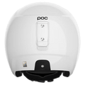 Rear view of a glossy white POC Skull Dura Jr kids' ski helmet featuring a goggle clip and FIS sticker.