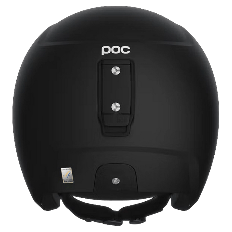 Rear view of a matte black Poc Skull Dura Jr kids ski helmet showing the goggle clip and white logo.