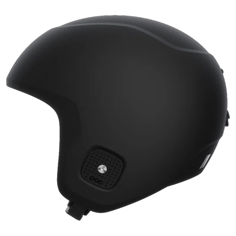 Side profile of a matte black Poc Skull Dura Jr kids ski helmet with a smooth shell and integrated ear pads.