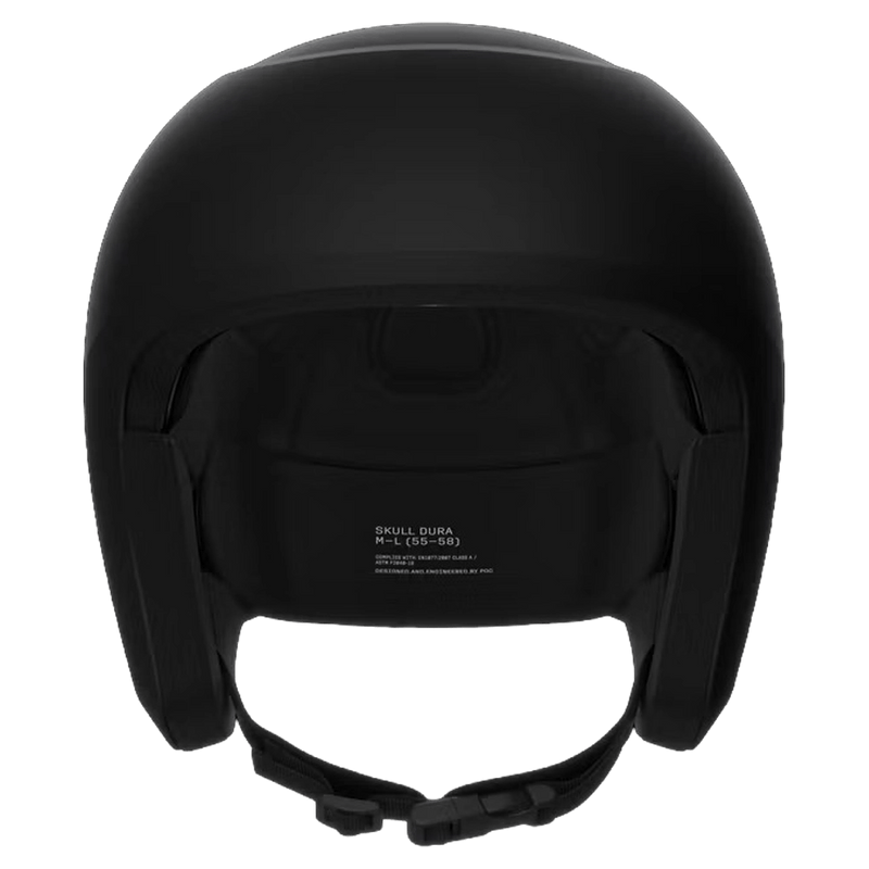 Matte black Poc Skull Dura Jr kids ski helmet front view showing the interior padding and adjustable chin strap.