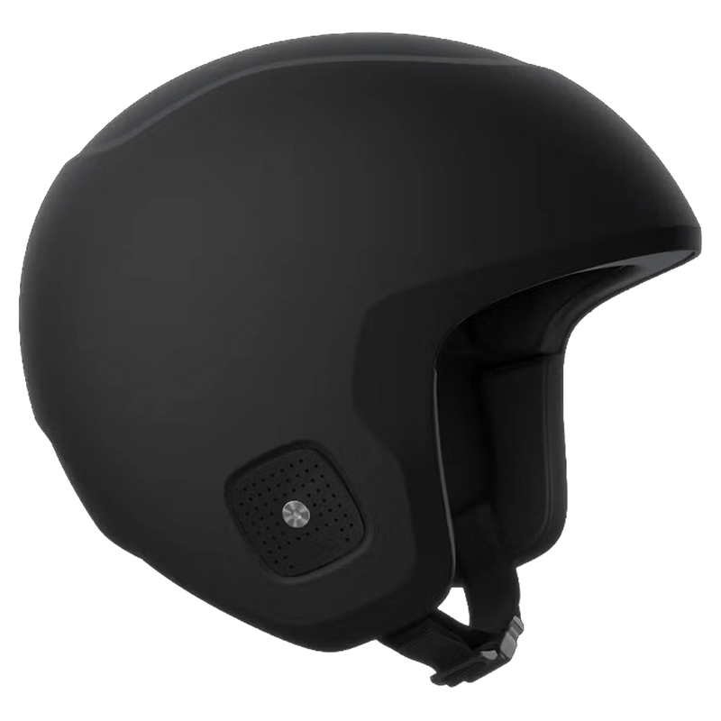 Matte black Poc Skull Dura Jr kids ski helmet in a side profile view with a smooth shell and padded ear covers.
