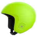 Neon yellow Poc Skull Dura Jr kids ski helmet from a side angle with black chin strap and ventilated ear pads.