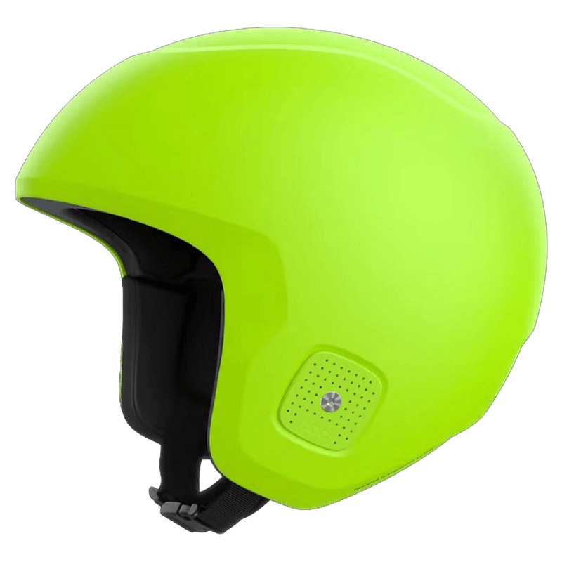 Neon yellow Poc Skull Dura Jr kids ski helmet from a side angle with black chin strap and ventilated ear pads.