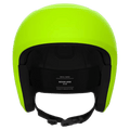 Front view of a neon yellow Poc Skull Dura Jr kids' ski helmet with black interior padding and a chin strap.