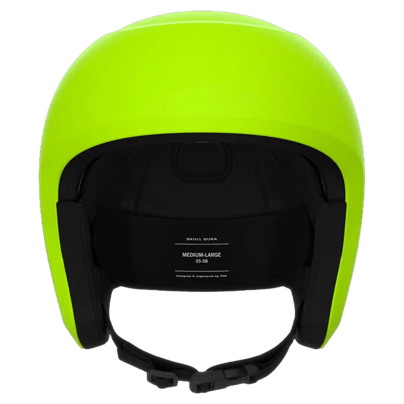 Front view of a neon yellow Poc Skull Dura Jr kids' ski helmet with black interior padding and a chin strap.