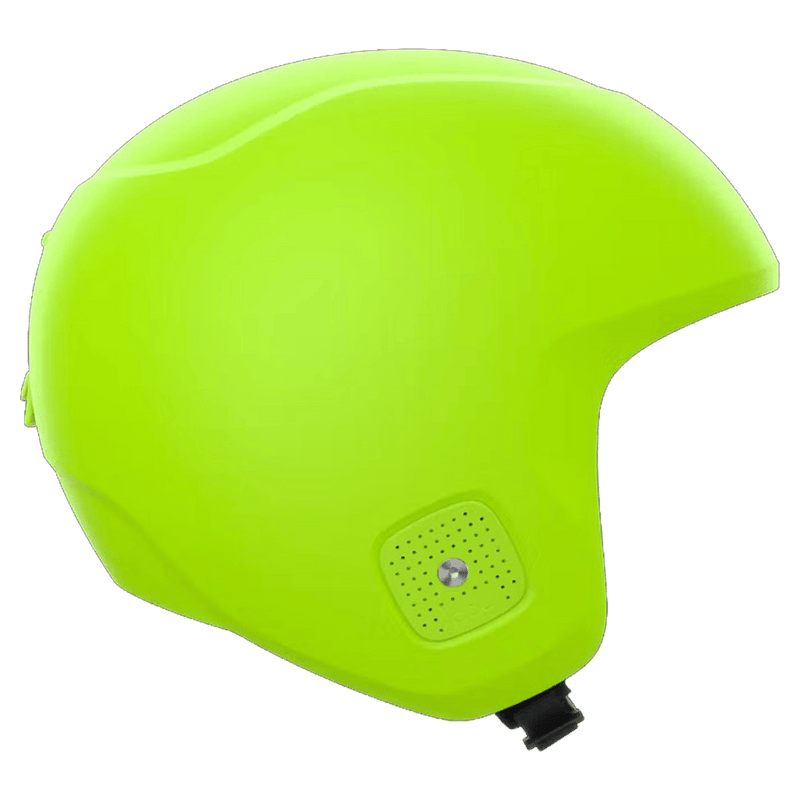 Side profile of a bright neon yellow Poc Skull Dura Jr kids ski helmet with ear vents and a smooth aerodynamic shell.