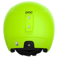Rear view of a neon yellow Poc Skull Dura Jr kids ski helmet featuring a goggle clip and FIS sticker.