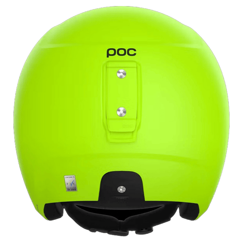 Rear view of a neon yellow Poc Skull Dura Jr kids ski helmet featuring a goggle clip and FIS sticker.