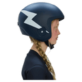 Matte navy blue Poc Skull Dura Jr kids ski helmet with a white lightning bolt graphic shown from a side profile.