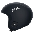 Side profile of a matte black POC Skull Dura Jr kids ski helmet with white logo and textured ear protection.