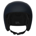 Front view of a matte navy Poc Skull Dura Jr kids ski helmet featuring a black chin strap and interior padding.