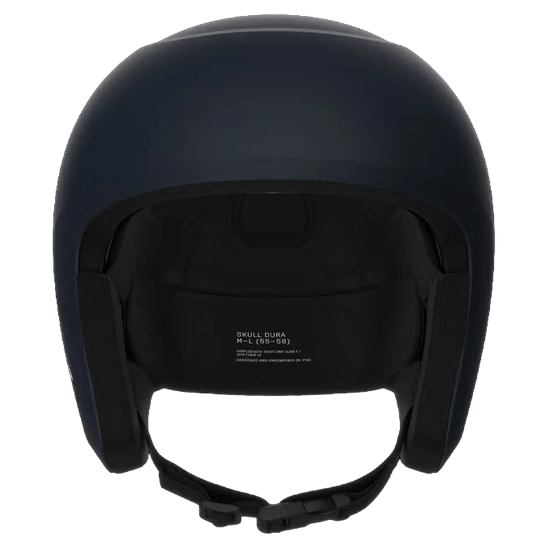 Front view of a matte navy Poc Skull Dura Jr kids ski helmet featuring a black chin strap and interior padding.