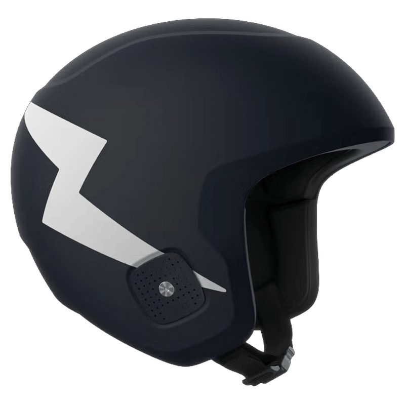 Poc Skull Dura Jr kids ski helmet in matte navy blue with a white lightning bolt graphic on the side.