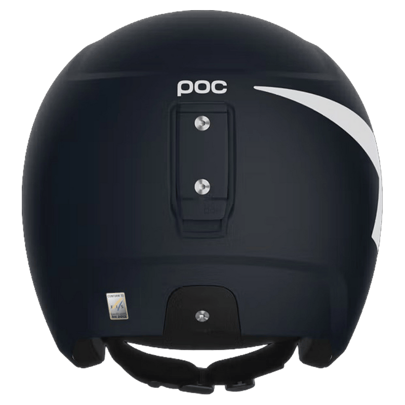 Rear view of a matte navy blue Poc Skull Dura Jr kids ski helmet with white logo, side graphic, and goggle clip.