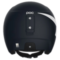 Rear view of a matte navy blue Poc Skull Dura Jr kids ski helmet with white logo, side graphic, and goggle clip.