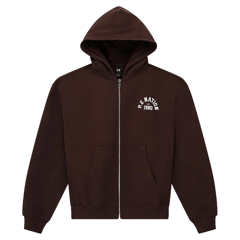 Solo view of the PE NATION Established Zip Thru Hoodie Mahogany Jumper,  26/27 Womens's model