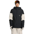 Front, on-body image of the Primry Snowboard Jacket in Black. Featuring a toggle cinched hood, covered placket, Velcro adjustable sleeve cuffs, chest pocket on the left, side pockets with zip closures. Two-tone colourway split with contrast Stone White across the elbows.