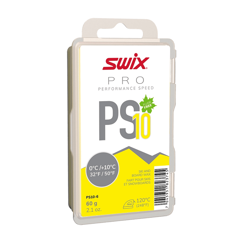 Swix PS10 Pro Performance Speed fluor-free ski wax in a white plastic container with a yellow and grey label.