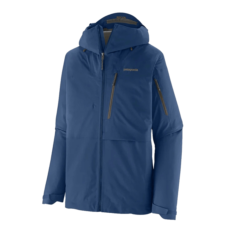 Patagonia Untracked Ski Jacket in blue with hood, front zipper, and chest pockets, angled front view.
