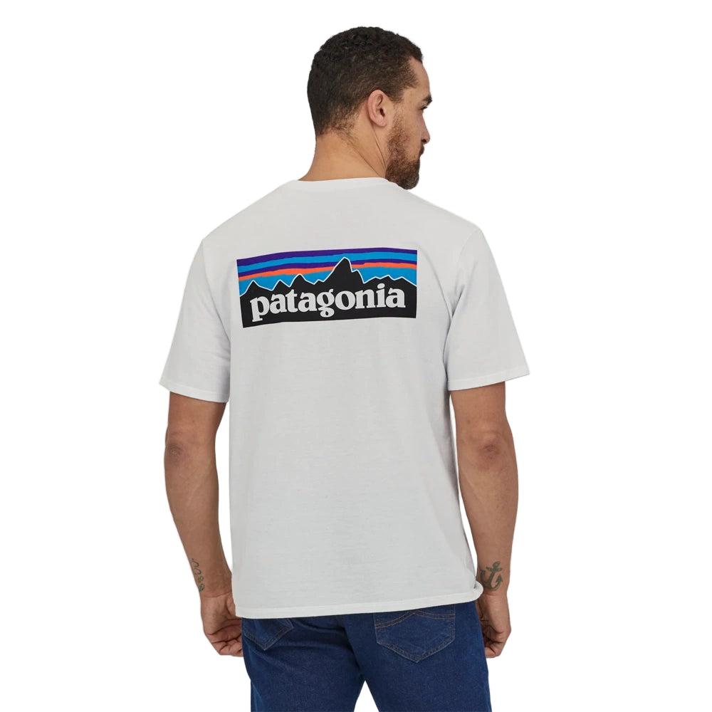 Back view of men wearing Patagonia P-6 Logo Responsibili Tee in white colourway