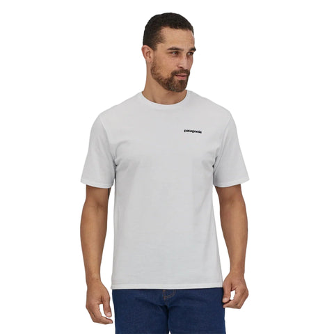 Front view of men wearing Patagonia P-6 Logo Responsibili Tee in white colourway