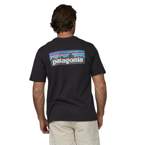 Back view of men wearing Patagonia P-6 Logo Responsibili Tee in black colourway