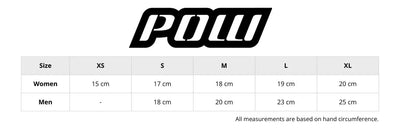 Size chart for Pow handwear showing measurements for men and women Includes hand circumference in centimetres, with corresponding sizes. Helps customers find the right glove or mitten fit