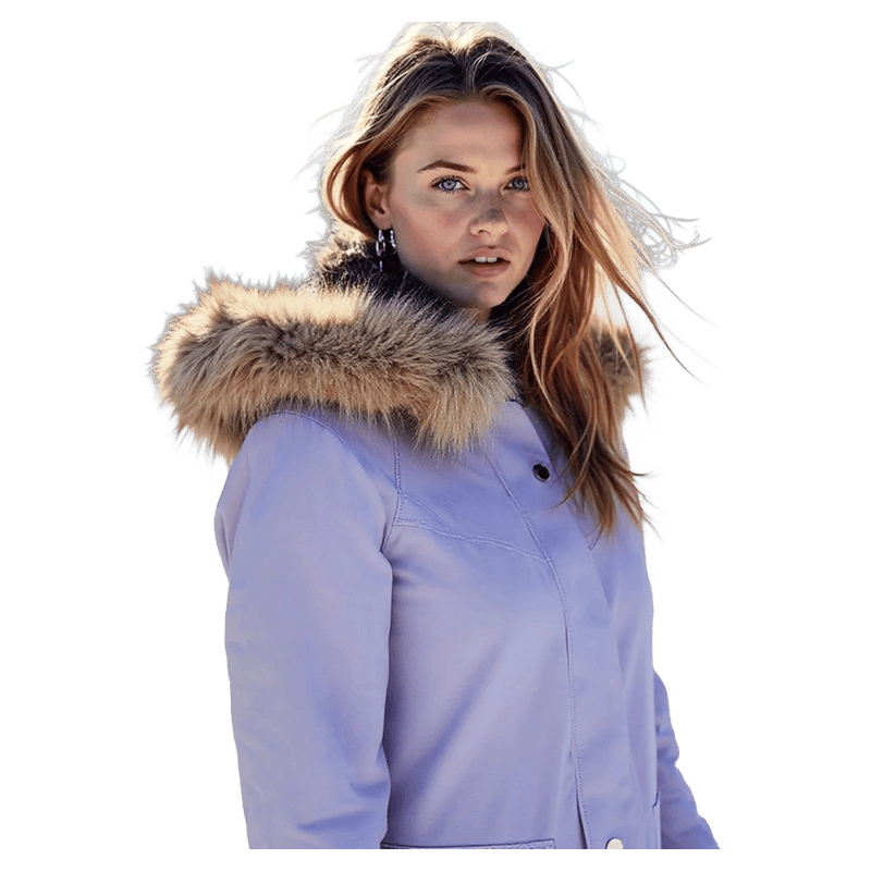Woman wearing a lavender Pure Aspen ski jacket with a brown faux fur hood trim.