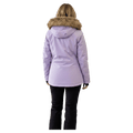Back view of a lavender Pure Aspen Women's Ski Jacket with a faux fur-trimmed hood and black pants.