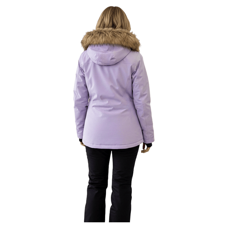 Back view of a lavender Pure Aspen Women's Ski Jacket with a faux fur-trimmed hood and black pants.