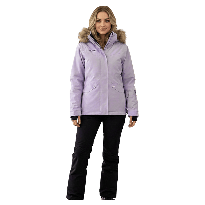 Lilac Pure Aspen womens ski jacket with faux fur hood trim and black pants, front view.
