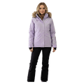 Lilac Pure Aspen womens ski jacket with faux fur hood trim and black pants, front view.