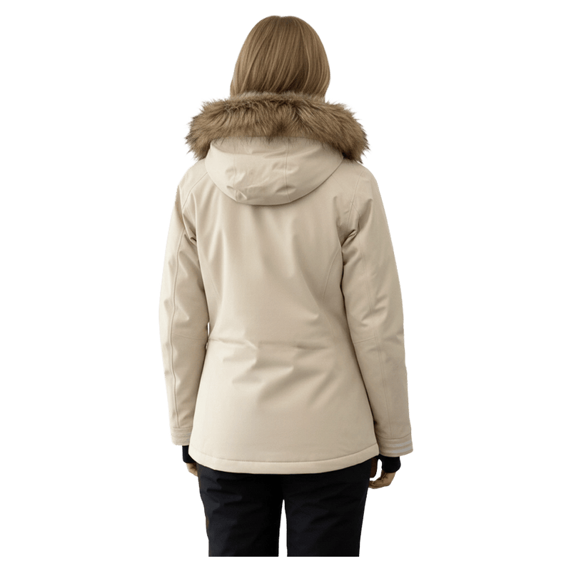 Back view of a cream Pure Aspen women's ski jacket with a faux fur-trimmed hood.