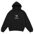 Black Resolve Linear Hoodie with a white graphic print on the chest and a kangaroo pocket.