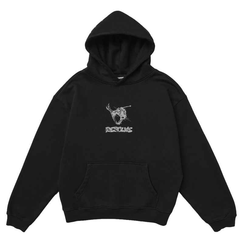 Black Resolve Linear Hoodie with a white graphic print on the chest and a kangaroo pocket.