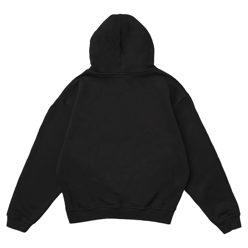 Back view of a black Resolve Linear Hoodie with ribbed cuffs and hem.