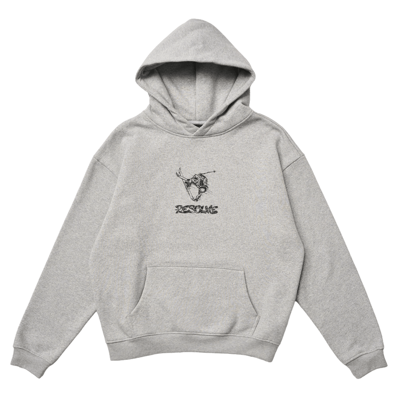 Resolve Linear Hoodie with a black chest graphic, kangaroo pocket, and hood on a black background in Grey Marle