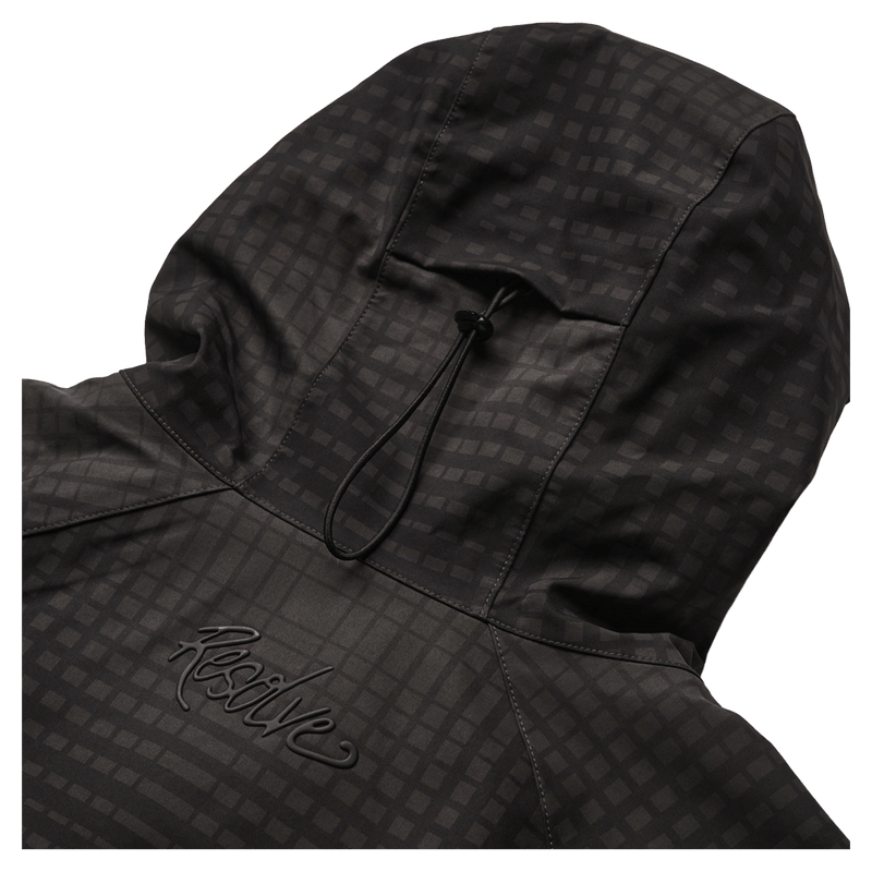 Hood view of the Resolve Geo Ski Jacket in colour Black Plaid