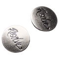 Two silver metallic buttons with embossed Resolve script logo for Sprinter Baggy cargo Ski Pants.